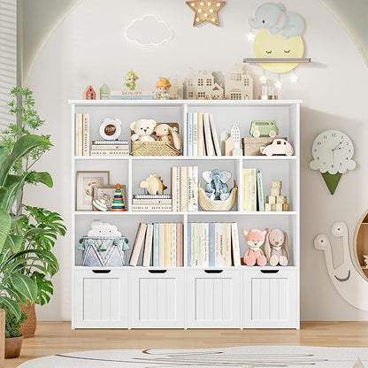 FINETONES Toy Storage Organizer, Kids Bookshelf with 4 Movable Chests and 7 Storage Cubes, Toy Chest Storage with Hidden Wheels, Toy Organizers and Toy Storage, White
