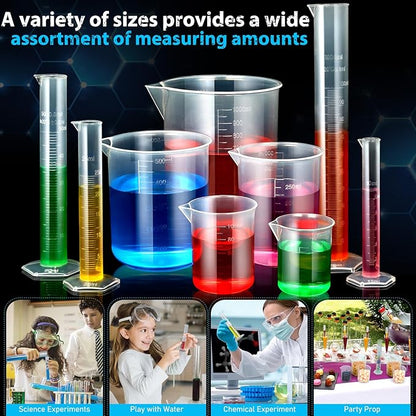 moveland Plastic Graduated Cylinders and Beakers with 5 Pipettes, 10ml 25ml 50ml 100ml Cylinders, 50ml 100ml 250ml 500ml 1000ml Beakers, Ideal for DIY and Kids Science Lab
