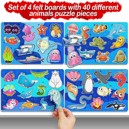 4 Pack 40 Pieces Felt Ocean Theme Zoo Animals Forest Ocean Toys for Toddlers Puzzles Educational Toddler Montessori Learning Matching Game Christmas Birthday Gifts Toys for Kids Felt Busy Board