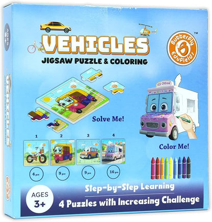 Butterfly EduFields 4-in-1 Vehicles Jigsaw Puzzle Set for Kids Age 3-7 | 38 Pcs Brain-Boosting Puzzle Toy with Coloring Worksheets for Boys & Girls | Preschool Learning