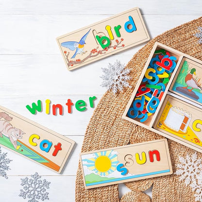 Melissa & Doug See & Spell Wooden Educational Toy with 8 Double-Sided Spelling Boards and 64 Letters Preschool Learning Activities, See & Spell Learning Toys for Kids Ages 4+