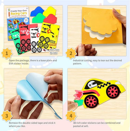 VKPI 4 Pieces EVA Foam Art Crafts Gift Kit, Creative Make Your Own Racing Cars, Cartoon Paper Craft Projects for Kids Ages 4+ Toddler, Preschool Learning Toy for Birthday Party Favor Supplies