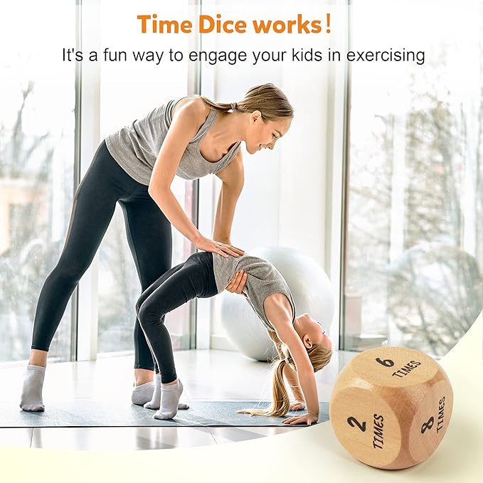 Wooden Yoga Dice Set for Kids, Fun Workout Game with 6 Exercise Dice, 12 Yoga Cards & A Box, Mindfulness Mother's Day Christmas Yoga Set for Girls & Beginners