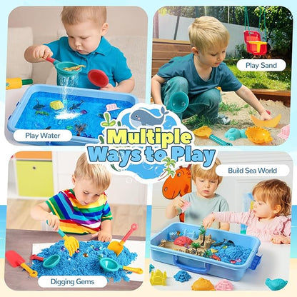 FRUSE Ocean Sensory Bin,Play Sand Art Kit with 2.2lbs Play Sand,12 Sea Animal Toys,Sand Molds,Role Play Beach Toy Sandbox Toys for Toddlers 3 4 5 6 7
