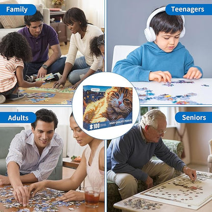 100 Piece Puzzles for Kids, Sleepy Cat 100 Piece Puzzles for Adults, Side Lying Cat Puzzle Cozy Scene Puzzle, Cute Kitten Jigsaw Puzzles 100 Pieces for Seniors Teens Kids Ages 6-10