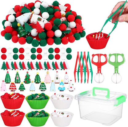 360 PCS Christmas Sensory Bin Filler Winter Sensory Bin Items 240 Pompoms 90 Felt Christmas Tree 17 Resin Xmas Tree 6 Cups 6 Tweezers 1 Storage Box for Winter Xmas Sorting Counting Training