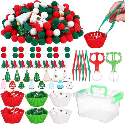 360 PCS Christmas Sensory Bin Filler Winter Sensory Bin Items 240 Pompoms 90 Felt Christmas Tree 17 Resin Xmas Tree 6 Cups 6 Tweezers 1 Storage Box for Winter Xmas Sorting Counting Training