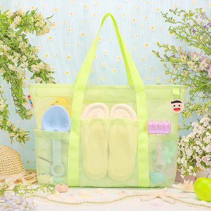 Tagitary Mesh Beach Bag with Zipper Large Beach Tote Waterproof Sandproof with 8 Pockets for Toys Pool Bag Beach Accessories