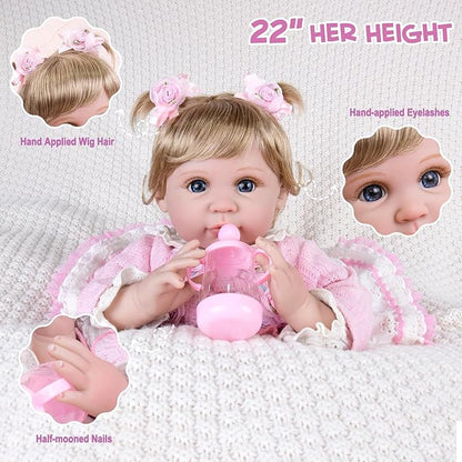 Aori Reborn Baby Dolls 22 Inch - Realistic Baby Doll for Kids 3+ Years - Lifelike Newborn Baby Girl with Pink Outfit - Handmade Cloth Body Reborn Toddler for Gift, Collection & Role Play