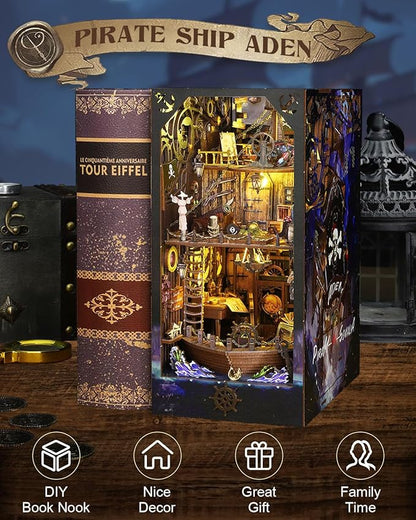 Book Nook Kit Pirate Ship Aden, DIY Miniature Book Nook Kits for Adults, 3D Wooden Puzzle Bookshelf Insert Decor with Sensor LED Lights, for Men Teens Family