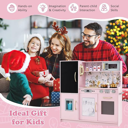 Costzon Kids Kitchen Playset, Wooden Pretend Cooking Toy Set w/Sound, Large Blackboard, Telephone, Microwave, Ice Maker, Dishwasher, Oven, Storage Space, Play Kitchen for Kids Ages 3+ (Light Pink)