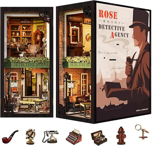 Fsolis Book Nook Kit, DIY Miniature Room House Kit 3D Wooden Puzzle for Adult Decorative Bookend Bookshelf Bookcase Nook Decor Gifts for Women Teens and Book Lovers(Rose Detective Agency)