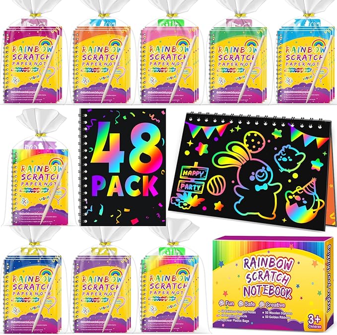 Party Favors for Kids 4-8-12: 48 Pack Scratch Rainbow Art Crafts Notebook, Coloring Book Goodie Bags Stuffers Kit, Bulk Birthday Easter Gift Classroom Prizes Girl Boy Toddler