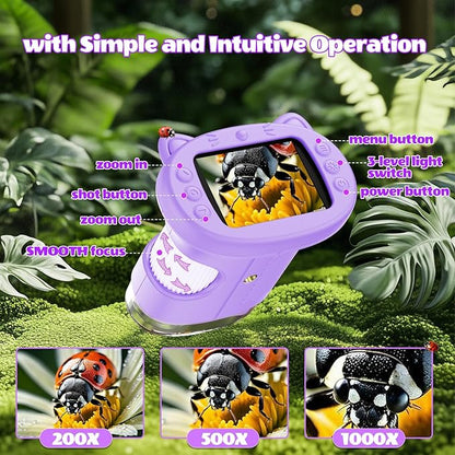 Kids Microscope, 1000X Portable Digital Microscope with 2.4" IPS Screen & 8 LEDs, USB Rechargeable, STEM Educational Science Kit, Great Christmas & Birthday Gift for Children Ages 3-12