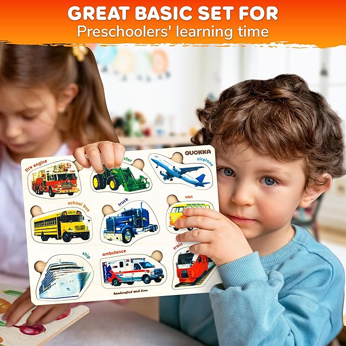 QUOKKA Wooden Puzzles for Toddlers 1-3 – 3xSET Kids Puzzles Ages 2-4 – Montessori Toy Puzzle for Toddlers 3-5 – Wood Toy Learning Realistic Fruits - Cars - Vegetables for Boy and Girl