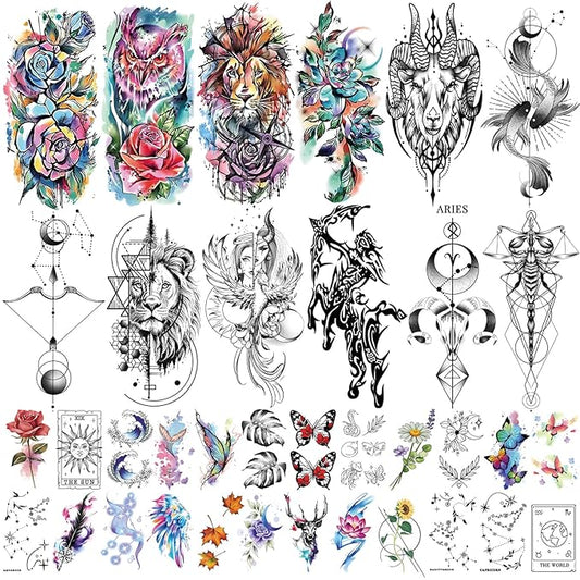 77 Sheets Nature Animal Temporary Tattoo for Women Men, 17 Sheets Half Arm Large Lion Flower Owl Fake Tattoos, 60 Sheets Butterfly Clock Black Tiny for Adult Kids Body Tattoos Stickers Realistic