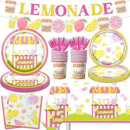 Lemon Party Supplies - 142Pcs Lemonade Party Decorations Tableware Set Includes Lemon Plates,Napkins,Cups,Banner,Lemonade Tablecloth for Lemon themed Birthday Party Baby Shower Party, Serves 20