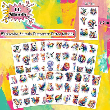 Watercolor Animals Temporary Tattoo for kids - 60 Styles Temporary for Girls Boy Body Arm Shoulder Tattoos Stickers, Birthday Party Decoration Supplies Gifts for Kids