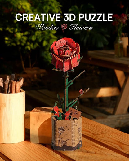 3D Flower Wooden Puzzles for Adults-Red Rose, DIY Wooden Flowers Model Kit Building Set Crafts for Adults to Build, Botanical Collection/Ideal Creative Gift Ideas/Housewarming (106PCS)