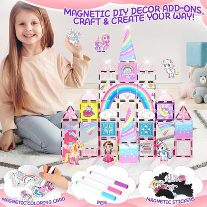 Diamond Magnetic Tiles Unicorns Princess Castle with Magnetic Art Decor Kit, Unicorn Toys for Girl 3 4-6-8, Magnet Tiles for kids 4-8 5 6 7+ Girl Gifts,Magnet Toys Include 5 Dolls,Rainbow,Candy,Decors