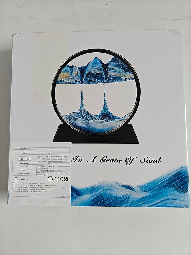 Aoderun Moving Sand Art Picture Round Glass 3D Deep Sea Sandscape in Motion Display Flowing Sand Frame Relaxing Desktop Home Office Work Decor (7", New Black)