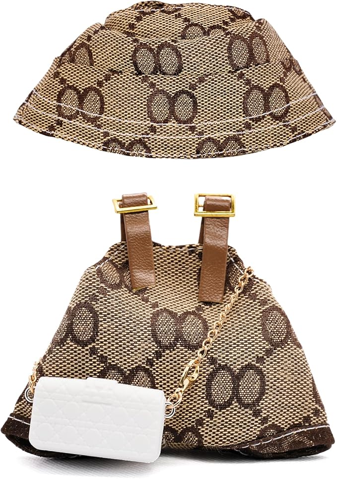 Clothes Compatible with Labubu 17cm Dolls, Premium Handmade Dolls Accessories with Chic Grid Hat & Rompers & Bag 3 Piece Set, High-End Fashion Outfit for Play & Display, No Doll, Brown