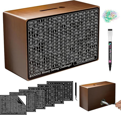Wooden Money Saving Box, Cash Savings Box for $10000 $5000 $3000 $1000 $800 $500 Target Money Saving Challenge, Money Box with Counter/Dry Erase Pen/Savings Trackers/Rubber Band-Brown