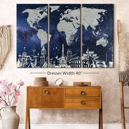 ElephantStock Starry World Map Multi Piece Canvas - 3 Panel Wall Decor - Map of the World Art - Canvas for the Office and Home - 57" X 36"