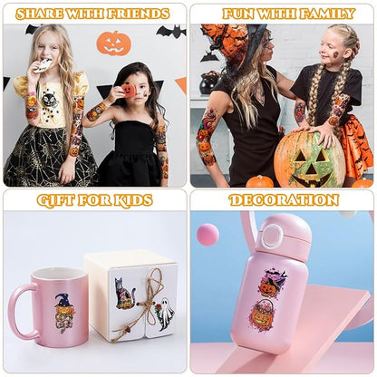 Kids Full Arm Temporary Tattoo, 52 Sheets Halloween Fake Tattoos Realistic for Boys Girls Halloween Party Favors, Pumpkin Ghost Reaper Bat Vampire Coffin Witch Rainbow Cat Spaceship Lasting Tattoos