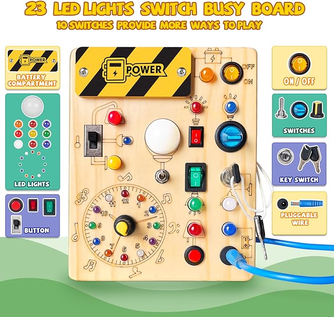 Busy Board, Montessori Toy for 1-3 Years Old, Wooden Toddler Sensory Travel Toy, Ideal Gift for 1+ Year Old Boys (Busy Board Plus V2), Medium, Yellow