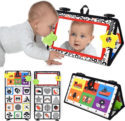 Dr.Rapeti Tummy Time Floor Mirror for Baby Infant Toddler Kids Black and White High Contrast Baby Toy with Teethers Floor Activity Toy Washable Non-Toxic