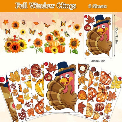 Whaline 9 Sheet Thanksgiving Fall Window Clings Turkey Pumpkin Maple Leaf Reusable Window Decals for for Autumn Harvest Seasonal Holiday School Office Supplies Glass Home Decor
