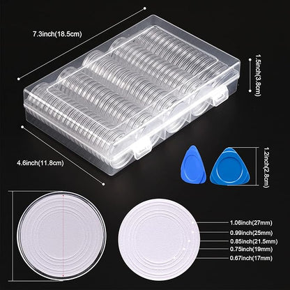 SPLF 100 Pieces 30mm Coin Capsules and 5 Sizes (17/19/21.5/25/27/29.5mm) White Protect Gasket Coin Holder Case with Plastic Storage Organizer Box for Collection Supplies