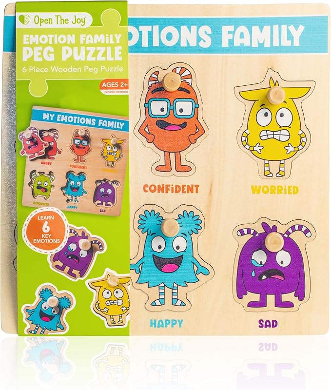 Open The Joy My Emotions Family Peg Puzzle – Emotional Recognition & Social Skills Puzzle for Kids | Montessori-Style Wooden Puzzle with 6 Emotion Pieces | Ages 4+