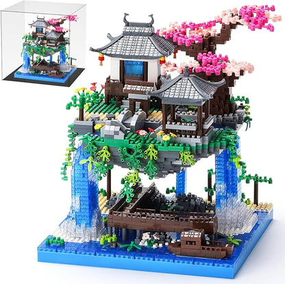 Cherry Blossom Treehouse Micro Mini Building Block Sets with Acrylic Display Box Japanese Bonsai Tree Peach Blossom Pool Architecture Building Model Toy Gift for Adults 2500 Pieces