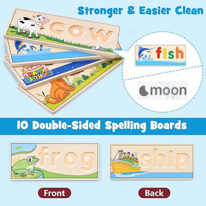 Atoylink Wooden Spell Learning Toys for 2 3 4 5 Year Old Kids Match Letter Spelling Game Board & Letters & Box, CVC Word Builder Toddler Educational Toy Kindergarten Preschool Learning Activities