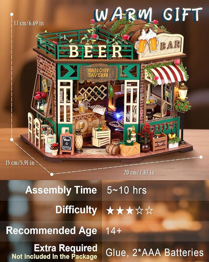 Miniature House Kit – Vanchy Tavern, DIY Wooden Dollhouse for Adults with LED & Furniture, Tiny House for Teens Families Friends