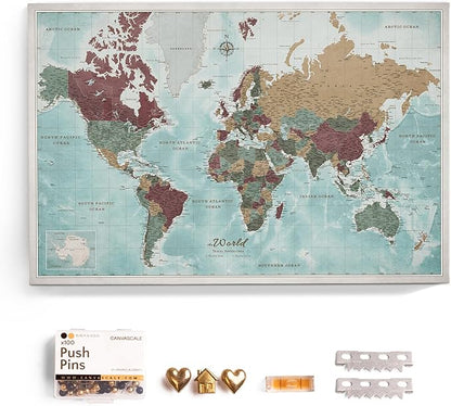 Canvas World Map with Cork Pin Board - English Lettering - Decorative Wall Decoration for All Rooms - Canvas Pictures with World Map Motif (150x100 cm, Pattern 11)