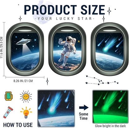 Glow in The Dark 3D Space Wall Decals, Set of 3 Galaxy Window Stickers for Wall, Space Themed Room Decor for Kids Boys (Green)