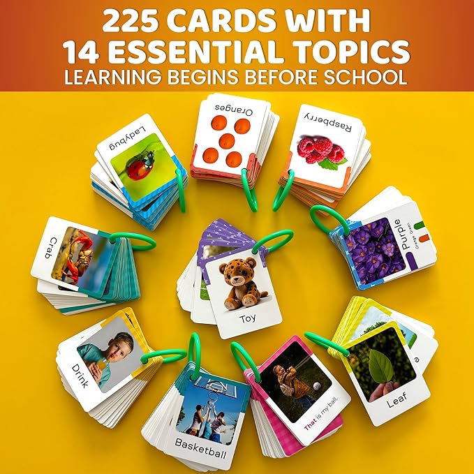 QUOKKA 225 Flash Cards for Toddlers 1-3 – Alphabet & First Words Flashcards with Rings – Toddler Educational Toys for Learning – Fun Big Size Letter Flashcards for Toddlers 3-5 Years