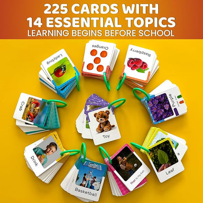 QUOKKA 225 Flash Cards for Toddlers 1-3 – Alphabet & First Words Flashcards with Rings – Toddler Educational Toys for Learning – Fun Big Size Letter Flashcards for Toddlers 3-5 Years