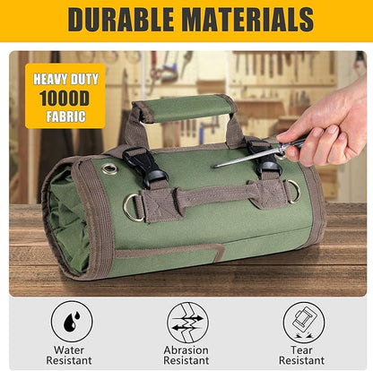 Roll Up Tool Bag, Heavy Duty Tool Organizer with 2 Detachable Zipper Pouches, Compact Durable Tool Storage for Men Women, Perfect for Handyman, RV Owners, Dad Birthday or Father’s Day Gifts