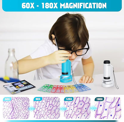 Portable Microscope for Kids Zoom 60x-180x,Handheld Mini Microscope Toy,STEM&Science Toys,LED Pocket,Little Scientist Microscopes with 12pcs Slides,Gift for 6,7,8,9,10+ Girls Boys（2PCS Blue）