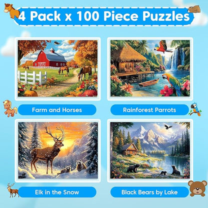 4 Packs Puzzles for Kids Ages 4-6 6-8 8-10, Farm Rainforest Wild Animals Kids Puzzles, 100 Pieces Jigsaw Puzzle for Seniors Adults Kids Learning Puzzle Toys Gifts for Girls Boys 15x11 inch
