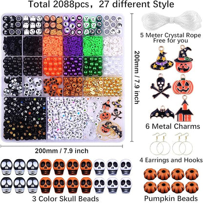 2088pcs Halloween Polymer Clay Beads Bracelet Making kit, 24 Style Cute Fun Beads Skull Pumpkin Beads Charms for Jewelry Necklace Earring Making DIY Accessories for Women Girls