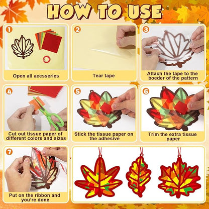 36 Set Fall Maple Leaves Suncatchers Crafts for Kids DIY Autumn Window Tissue Paper Crafts Kit Thanksgiving Maple Hanging Decor for Fall School Home Activity Art Project Birthday Party Favor Gift