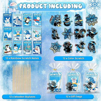 12 Pack Winter Scratch Art Party Favors for Kids - Rainbow Scratch Paper Snowflake Penguin Scratch Off Cards Frozen Birthday Goodie Bags Stuffers - Return Christmas Gifts DIY Classroom Prizes
