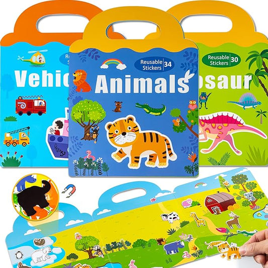 3 Pack Magnetic Reusable Sticker Book for Kids Ages 3-6, Vehicles, Farmhouse Animal, Dinosaur, 3 Hot Topics Magnet Activity Book for Boys Girls Road Trip Airplane Train Travel Toy Birthday Gifts