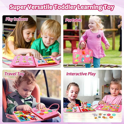 Qizfun Busy Board Montessori Toy for Toddlers, Educational Sensory Learning Toy for Fine Motor Skills, Preschool Travel Toy for Airplane & Car, Gifts for Boys and Girls (Pink/P4)