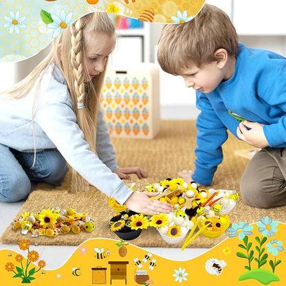 196 Pcs Sensory Bin Filler, Fine Motor Toys Bee Themed Sensory Bin Items Counting Sorting Toy Colorful Pom Poms Cup Bee Honeycomb Wooden Scoop for Preschool Education Activities
